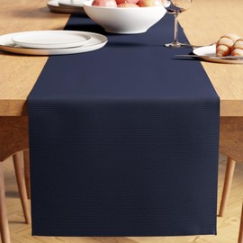 Encasa Table Runner for 8 Seat Dining Room, Solid Dark Blue, Fine Ribbed Cotton, Size 32 x 250 cm, Over 20 Modern Colours and Woven Designs, Machine Washable