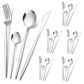 24 Piezas Juego de cubiertos de acero inoxidable – Vajilla de calidad alimentaria con cuchillo/cucharas/tenedores – Utensilios para comer pulidos con espejo para servir para 6 (plata)