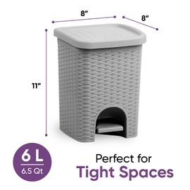 Superio 6L Step Pedal Trash Can - Wicker Design, Hidden Mechanism, Durable Plastic, Ideal for Desktop, Countertop, Pet Waste - Grey