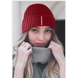 JFAN Men's Knitted Winter Hat with Fleece Lining Wool Hat Roll Hat Warm Beanie Hat for Men Women One Size, Black + Burgundy