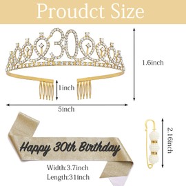 POPOYU 30th Birthday Crown and Sash, Crown 30th Birthday Women, 30th Birthday Tiara, Gold, Crown 30th, 30th Birthday Girl Headpiece for Birthday Gift, Party Accessories