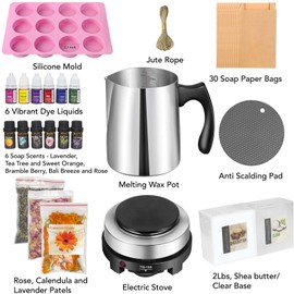 haclum Soap Making Kit with Electronic Hot Plate, 2 Lb Glycerin Soap Base, Soap Paper Bags, 6 Soap Scents, 6 Liquid Dyes, Pouring Pot, Silicone Mold for Adults and Beginners Soap DIY Kits