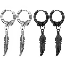 Kawailay 2 Pairs Feather Huggie Hoop Earrings Gothic Feather Earrings Studs Punk Rock Hip Hop Dangle Drop Earrings for Men Women - Silver and Black Style 2