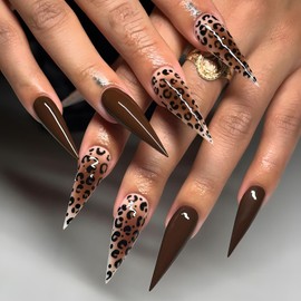 Long Stiletto Press on Nails Almond Fake Nails with Leopard print Designs False Nails Glossy Stick on Nails Cute Glue on Nails Cute Brown Artificial Nails for Women 24pcs
