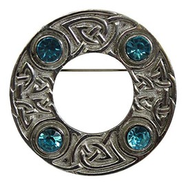 Art Pewter Faux Pewter Celtic Interlace Scarf Sash Dance Plaid Brooch with Turquoise Blue Stone Inserts, Tin
