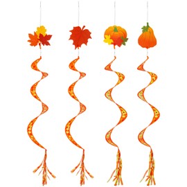 Beeveer 4 Pcs 57'' Fall Wind Spinners Autumn Outdoor Hanging Wind Socks Streamers Nylon Fabric Maple Leaf Pumpkin Windsock for Fall Thanksgiving Decorations Windmill to Scare Birds Away