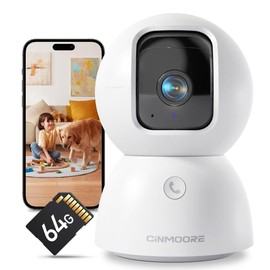 CINMOORE 3K Smart Security Camera Indoor with 64GB SD Card,No Monthly Fee,Elderly/Baby Monitor Pet Camera, 360° View, Color Night Vision, AI Motion Tracking, 2-Way Talk,WiFi 6,Cloud Storage Option
