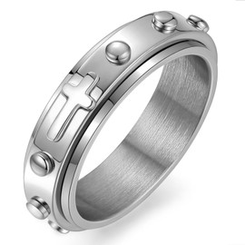 Adreamz 6mm Rosary Beads Cross Ring - Spinner Ring for Anxiety Relief - Fidget Ring with Anti-worry Wedding Bands for Men Women 12.5