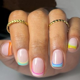 French Press on Nails Short Fake Nails Square Glue on Nails Light Pink Translucent Nails Press ons Colorful French Artificial Glossy Stick on Nails for Women 24 Pcs