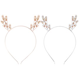 Lurrose 2pcs Christmas Reindeer Headband Metal Rhinestone Elk Antler Headdress Hair Hoop Headwear Headpiece Hairband Photo Props for Holiday Party Favor