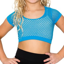 Kurve Girl Fishnet Crop Top – Stretch Dance Yoga Gymnastics UV Protective Fabric, Made in USA, Turquoise, Age 4-7