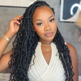 LIYATE 6 Packs Faux Locs Crochet Hair, 22 Inch Goddess Locs Crochet Hair Pre Looped, River Locs Crochet Braids with Curly, Boho Hippie Locs Synthetic Hair Extensions (1B)