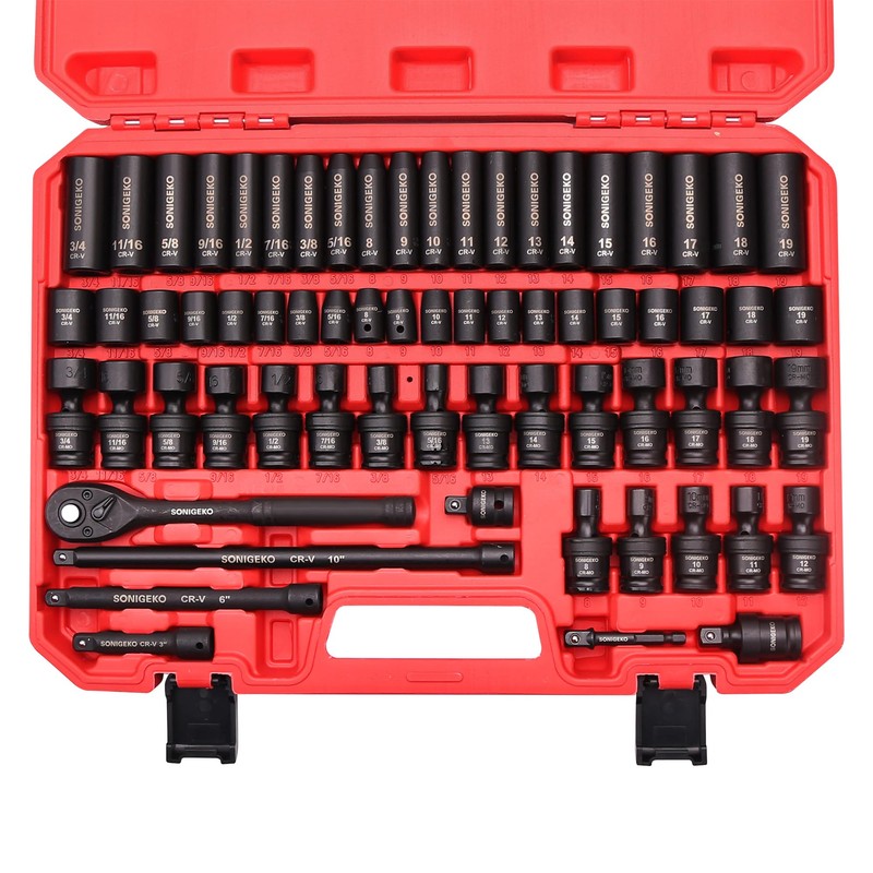 SONIGEKO Socket Set 3/8" Impact Socket Set,67-Piece Metric and Sae