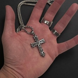 VATN APPAREL Gothic Vintage Cross Pendant Necklace Stainless Steel Unisex Silver Black Two-tone 27" inch Box Chain Chrome y2k Style (Leaf Cross)