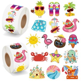 1000Pcs Summer Stickers for Kids, 2 Rolls Hawaiian Tropical Beach Self Adhesive Labels Luau Party Favors for Seasonal Holiday DIY Crafts Teacher Reward Gifts Scrapbooking Water Bottle Decor,16 Designs