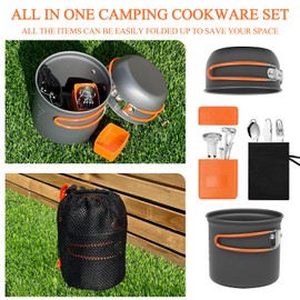 BILIPLE Camping Crockery Set 8-Piece Outdoor Cookware with Mini Gas Cooker Cutlery Cookware for 1-2 People Portable Foldable Aluminium Pots for Picnic Hiking