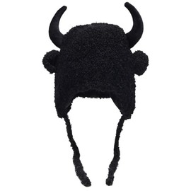 Faux Fur Trooper Hat for Women & Men - Buffalo Horns, Fluffy Earflap, Winter Hat - B-Black