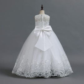 First Communion Dress White Flower Girl Dresses for Wedding Girls White Dress Special Occasion Dress Tulle Floral Lace Princess Dress Formal Bridesmaid Pageant Evening Maxi Dress White-Bow 9-10 Years