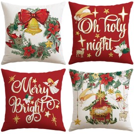 Artscope Christmas Oh Holy Night Merry Bright Jesus Wreath Throw Pillow Covers 18x18 Inch Set of 4, Winter Hoilday Christmas Decoration Pillow Cases for Home Sofa Couch Decor-Red