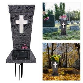 Solar Cemetery Vase with LED Cross Lamp Memorial Flower Holder with Spike Headstones Vases Gravestone Garden Decorations Condolence Gifts for Loss of Loved One