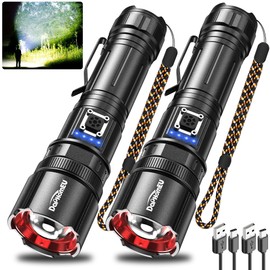 daphomeu Taschenlampe Led Aufladbar, 2er-Pack 250000 Lumen Led Taschenlampe Extrem Hell, Metall Taktische Taschenlampe mit 5 Modi & Zoomable & Batterieanzeige für Camping Wandern NotfäLle
