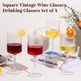 Ribbed Square Wine Glasses Set of 4 – 15oz Hand Blown Ribbed Design Wine Glasses, Unique Vintage Style Drinking Glasses, Red or White Glasses With Long Stem - For Christmas, Wedding, Birthday