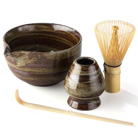 Katakuchi Rice Bowl Set, Dotomae Set, Matcha Utensils, Chawan, Chasen Stand, Chasen (100 Pieces), Chasaku, Bowl Bottom Horizontal Stripes Pattern (Brown Glaze)