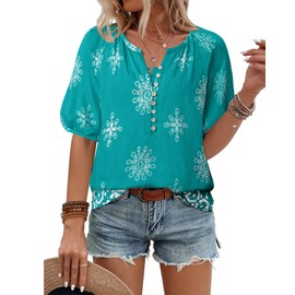 Unixseque Womens Shirts Dressy Casual: Floral Summer Shirt Boho Cute Tops Lightweight - Beach Vacation Clothes for Women - Work Tops Vacation Outfits Light Blue L