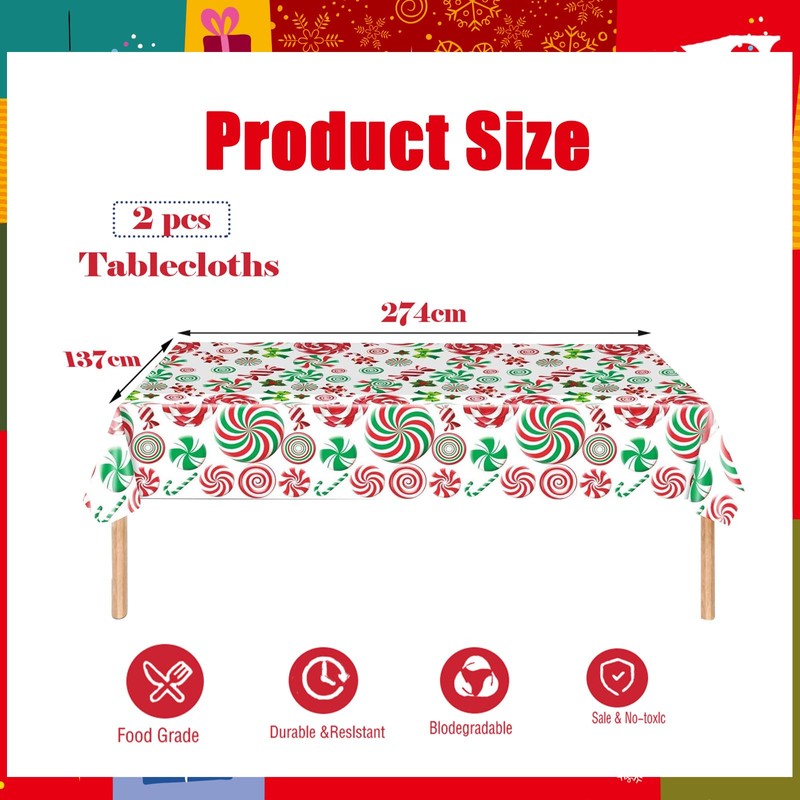 2pcs Christmas Table Cloth Party Plastic Xmas Tablecloths,137*274cm Candy Cane