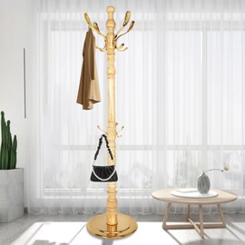 Coat Rack Freestanding, Solid Wood Coat Rack and Stand with 14 Hooks, Coat Rack Stand with Stainless Steel Hooks, Standing Coat Rack Stainless Steel disc base for Entryway, Hallway, Bedroom