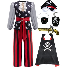 Verceco 6PCS Kids Pirate Costume for Boys Captain Cosplay Dress Up Set Pirate Outfit with Deluxe Accessories (Black, 110 (3-4 years))