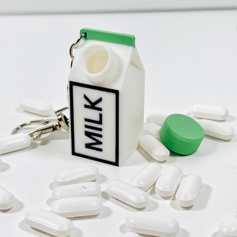 3D Lactose Intolerance Pill Box Milk Carton Shape Keychain Portable