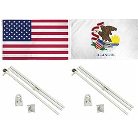 AES 3x5 3'x5' USA American w/State of Illinois Flag w/Two 6' White Flagpole Pole Kits Ball Topper