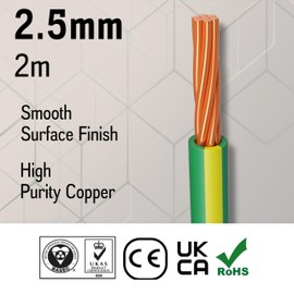 Primes DIY Single Core Conduit Cable 2.5mm Copper Wire Insulated PVC, Stranded Flexible Coil 6491X Electrical Wire, BASEC Approved – Yellow/Green Supplementary Earth(2 Meter), Home Improvement