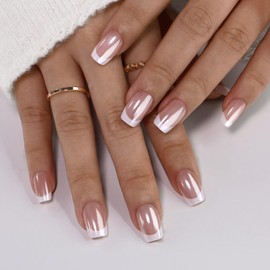 Noerrors French False Nails, Short Square Aurora Press on Nails, 30Pcs White White Tip Stick on Glossy Glitter Removable Full Cover Acrylic Cover Glue on Nails for Women Girls Art Manicure