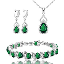 LMXXVJ Created Green Emerald Jewelry Set for Women, White CZ Earring Necklace Bracelet Set Mother’s Day Formal Jewelry Gifts for Mom/Wife/Sister/Best Friend,Silver-Tone