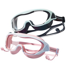 Graynoma 2 Packs Swim Goggles Attached Earplugs Anti-Fog UV Protection Swimming Goggles for Youth Kids 5-15 (Pink with Silver Blue)