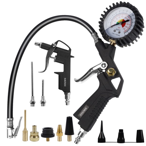Hausse Heavy Duty Air Compressor Accessory Kit, Air Blow Gun and Air Hose Fittings, 1/4" NPT Air Tool Kit with 116 PSI Rubber Hose Tire Inflator Gauge