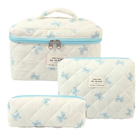 AMZMA Makeup Bag, 3 PCS Quilted Makeup Bag, Cute Floral Cotton Cosmetic Bag set, Coquette Makeup Pouch Large Travel Toiletry Bag, Bow2-Blue
