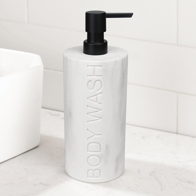 Indecor Home Resin White Marbled Body Wash Engraved Bottle Refillable
