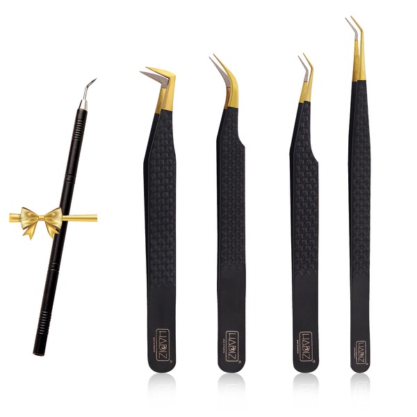 HADIZ Set of 4 Fiber Tip Diamond Grip Eyelash Extensions Tweezers Japanese Stainless Steel Lash Tweezer (Black)