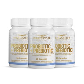 FREZZOR Probiotic + Prebiotic Capsules, Once Daily 60 Billion CFUs, Digestive Health for Men and Women, 18 Strains, Shelf Stable, With Fermented Wholefoods, Prebiotic & Fibre, 270 caps, 3 Month Supply