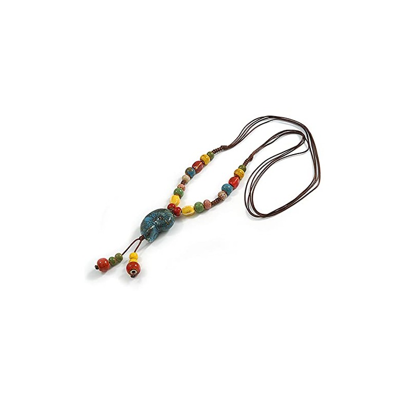 Avalaya Multicoloured Ceramic Bead Sea Shell Tassel Necklace with Brown