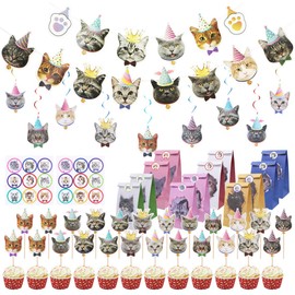 Flyan 61Pcs Cat Birthday Decoration,14 Pcs Cat Face Birthday Banner with 24 Pcs Puppy Cupcake Toppers,9 Pcs Hanging Swirl Decorations,12 Pcs Kraft Paper Bags 2Pcs Stickers for KittenTheme Birthday Party, FJW0409