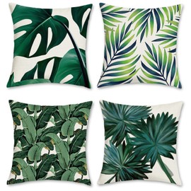 Bonhause Tropical Leaves Cushion Covers 45 x 45 cm Green Leaf Decorative Throw Pillow Covers Polyester Linen Pillowcases for Sofa Garden Outdoor Home Decor Set of 4