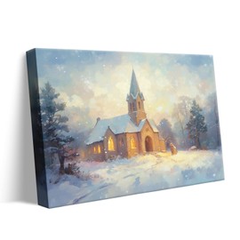 Christmas Canvas Wall Art Decor - 16X20 inch Snowy Church Scene with Warm Lights - Winter Holiday Decor for Bedroom, Living Room or Office - Religious Seasonal Wall Art for Festive Atmosphere