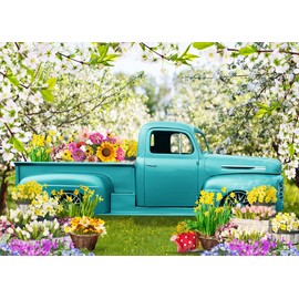 SJOLOON Spring Flowers Backdrop Kids Easter Photo Backdrop Blue Truck Grass for Easter Party Decoration Baby Shower 12535 (10x8FT)