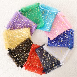 Hopttreely 100PCS Moon Star Organza Bags, 3X4 Organza Jewelry Candy Bags, Mixed Color Organza Favor Bags Gift Pouch with Drawstring for Wedding Party Mother's Day