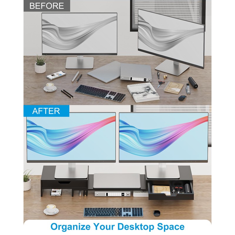 Epesoware Dual Monitor Riser with Two Drawers for Desk, Bamboo