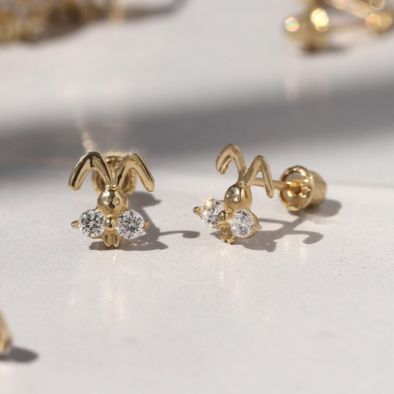 14K Yellow Gold Bunny Face Screwback Stud Earrings